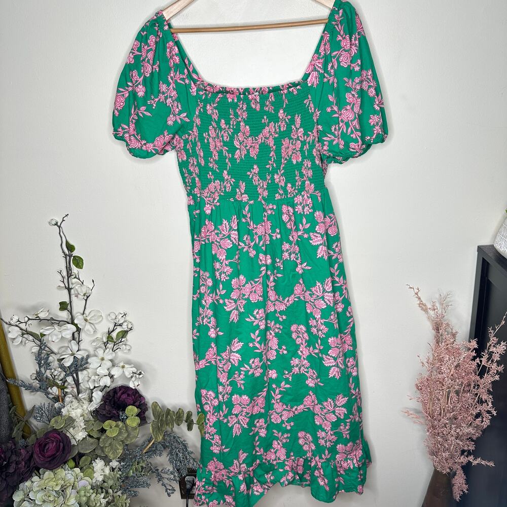 J. CREW Smocked Midi Dress Puff Sleeves Green Pink Floral Sz L {RR22} - Picture 4 of 8